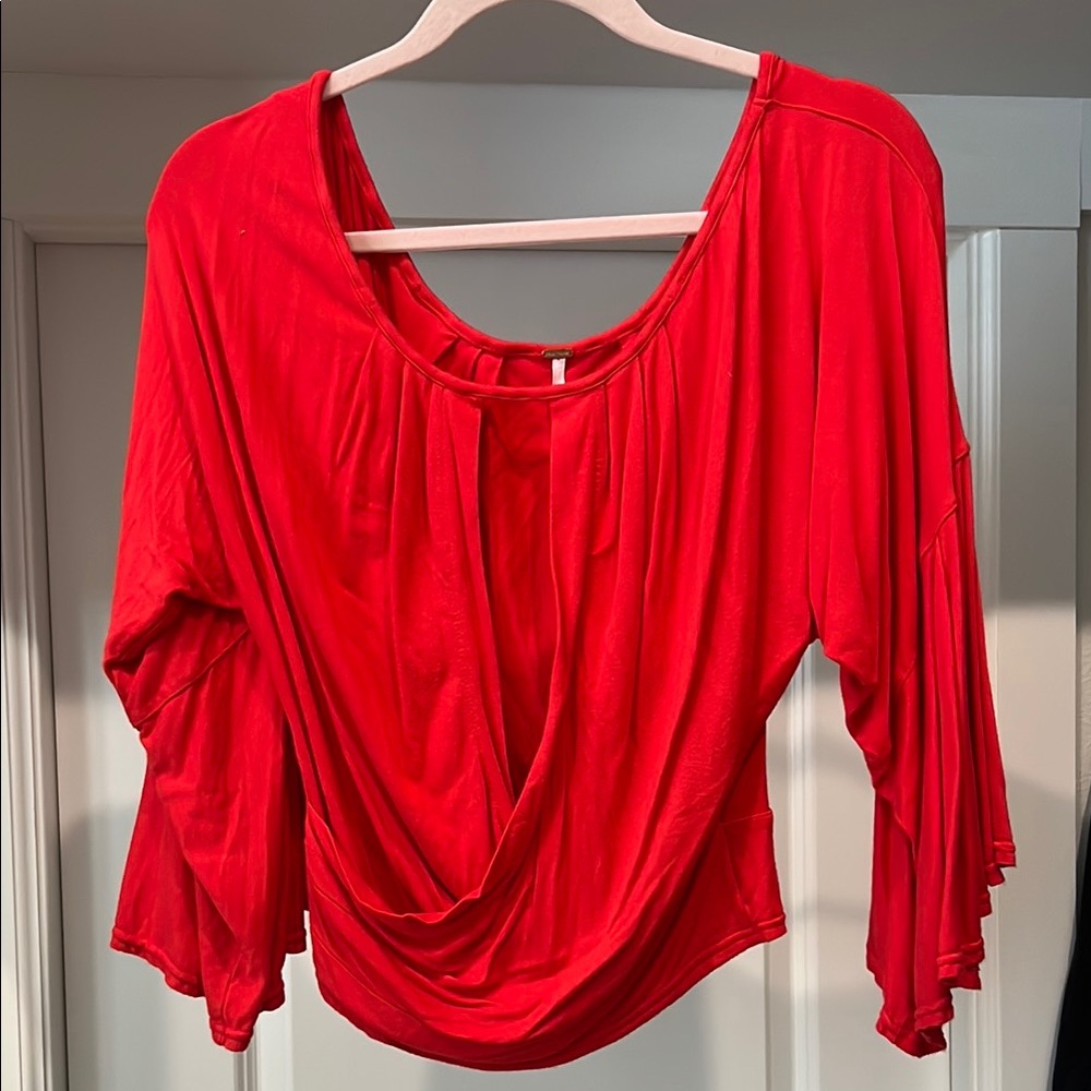 Free People Last Time Red Surplice Bell Sleeve Crop Top